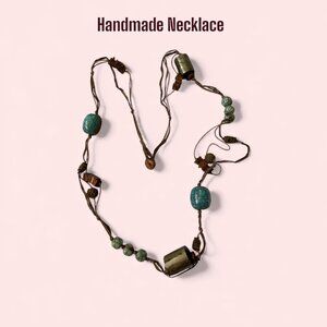 Handmade Artistic Necklace Raffia Wooden Beads Long 44”